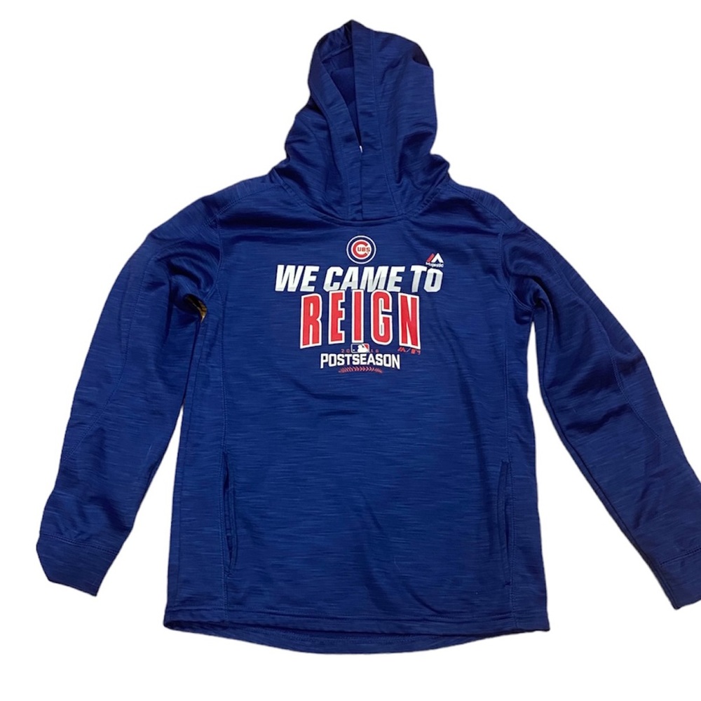Chicago Cubs MLB Majestic Came to Reign Playoff Hoodie Sweatshirt L 14 Blue